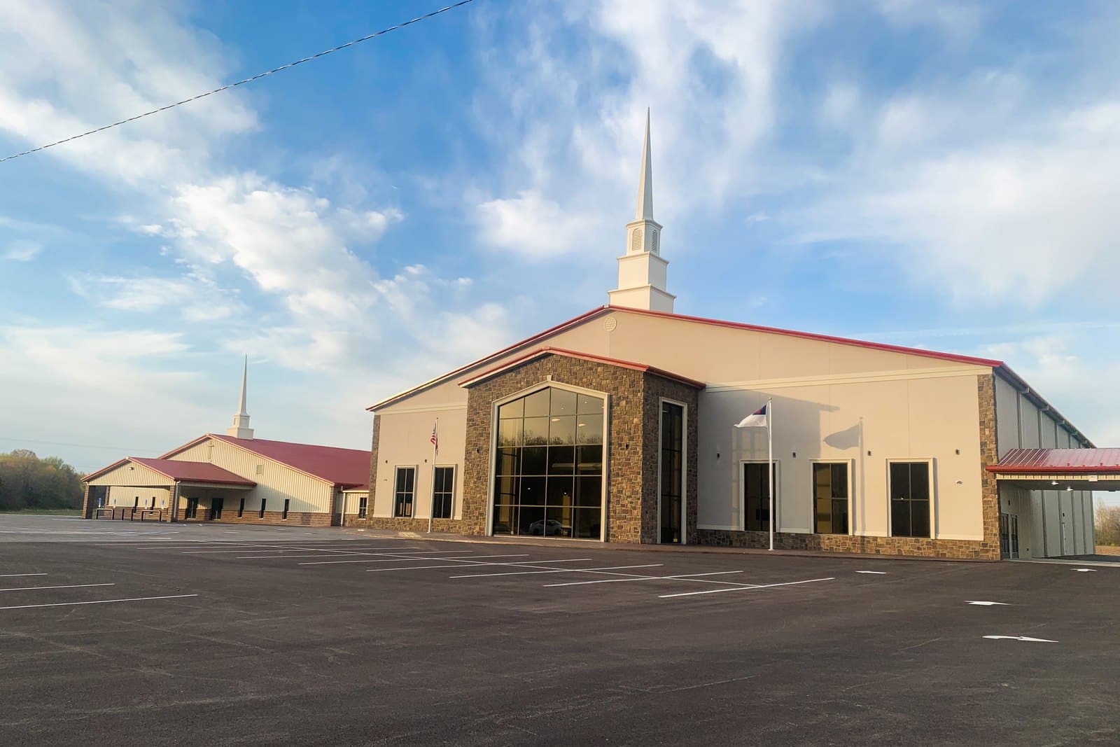 The front entrance of Maple Springs Missionary Baptist Church under its white steeple